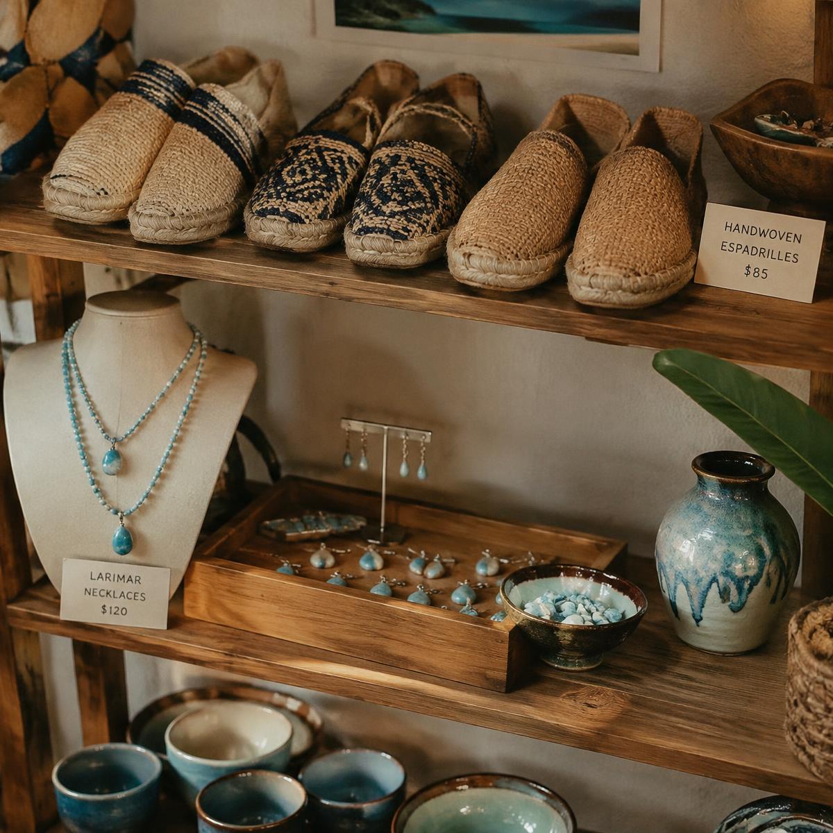 Shelf of woven espadrilles, larimar jewelry and ceramics in a small shop
