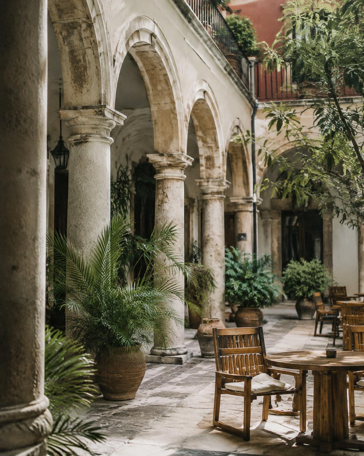 Arched stone colonnade around a planted hotel courtyard