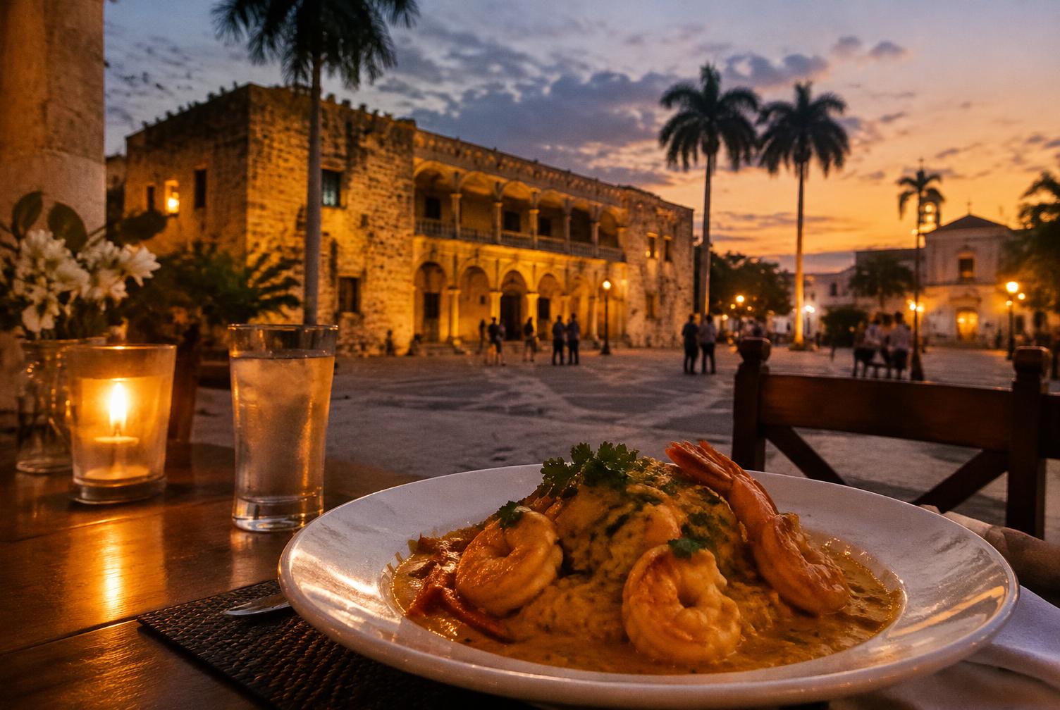 Dinner table at dusk overlooking a lit colonial palace on a plaza